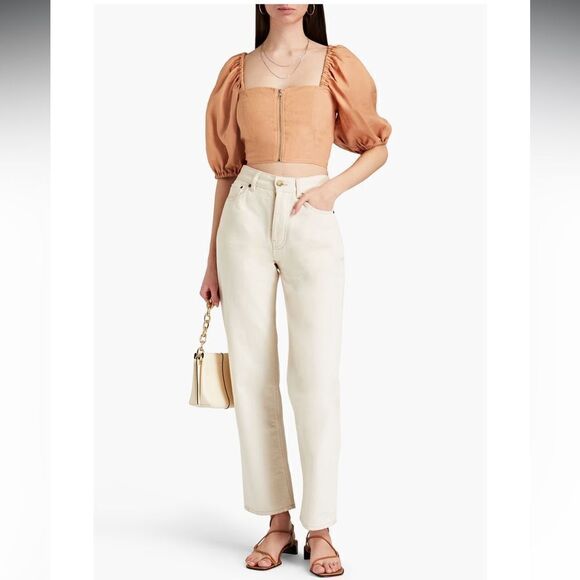 Revolve Nicholas Daw Cropped Linen Top Zip Front Puff Sleeve, Size 6, NWT - Picture 1 of 12